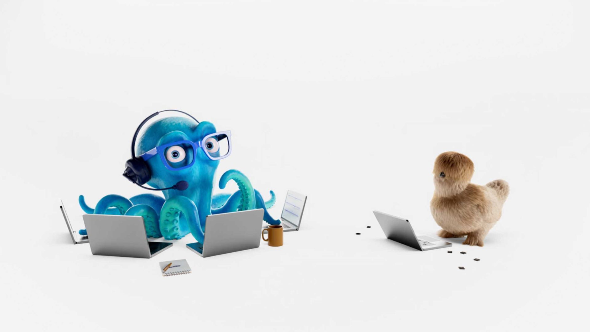 A blue cartoon Octopus wearing glasses and headphones uses multiple laptops, while a fluffy Chicken stands in front of its own laptop with scattered coffee beans nearby—both ready to Equip Super skills against a clean white background. Frame from Stash Magazine article.