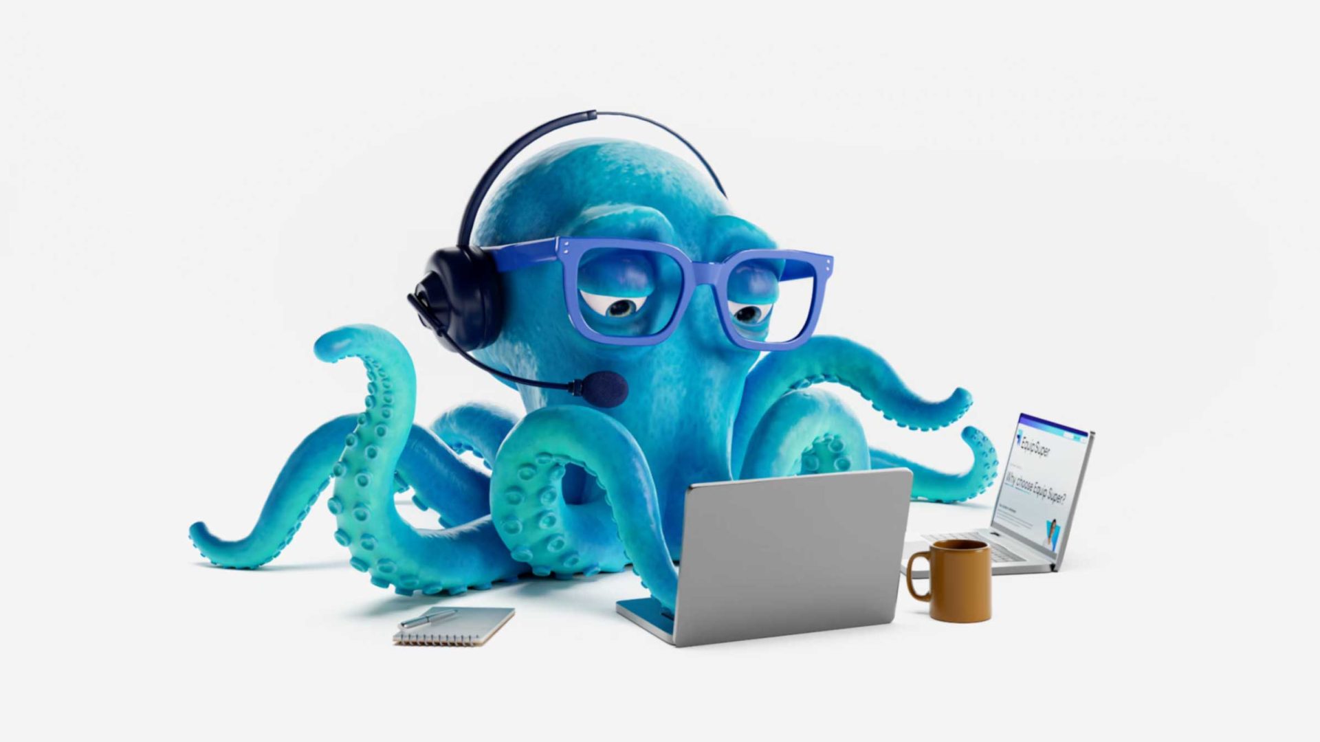 A blue cartoon octopus wearing large blue glasses and a headset uses a laptop, surrounded by a notepad, a mug, and an Equip Super tablet displaying a website, against a plain white background. Frame from Stash Magazine article.