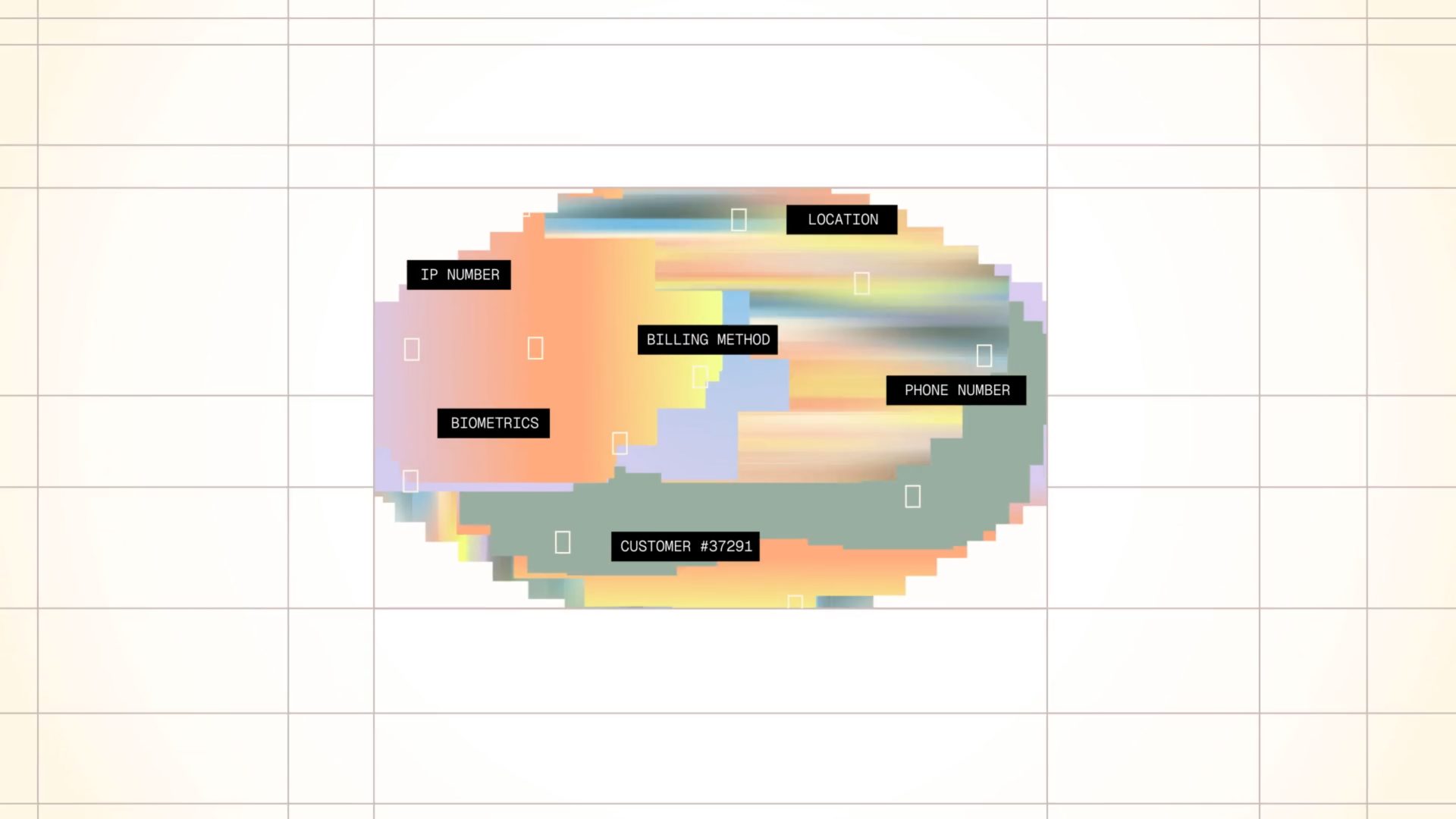 An oval graphic for Bloomberg TV made of blurred, colorful pixelated blocks labeled with data categories: IP NUMBER, LOCATION, BILLING METHOD, PHONE NUMBER, BIOMETRICS, and CUSTOMER #37291. Frame from Stash Magazine article.
