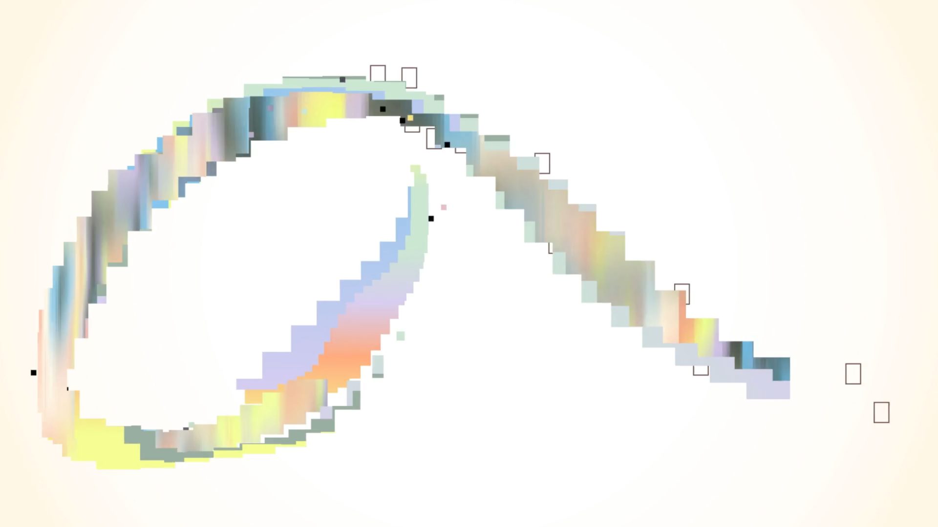 A stylized, iridescent Bloomberg TV cursive letter a formed by fragmented, multicolored geometric segments against a light background. Frame from Stash Magazine article.