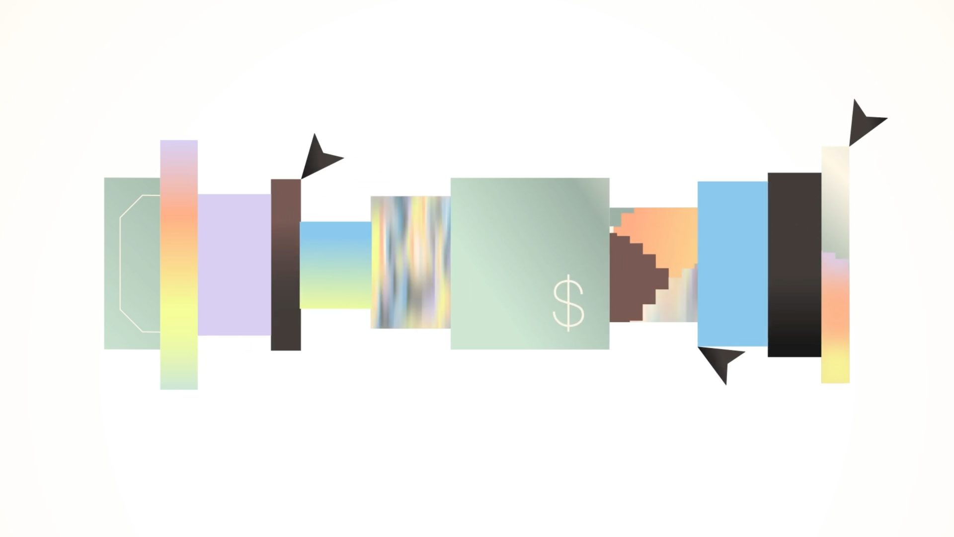 A horizontal arrangement of colorful, abstract blocks and geometric shapes in an Illo style, featuring a central light green square with a dollar sign symbol reminiscent of Bloomberg TV. Frame from Stash Magazine article.