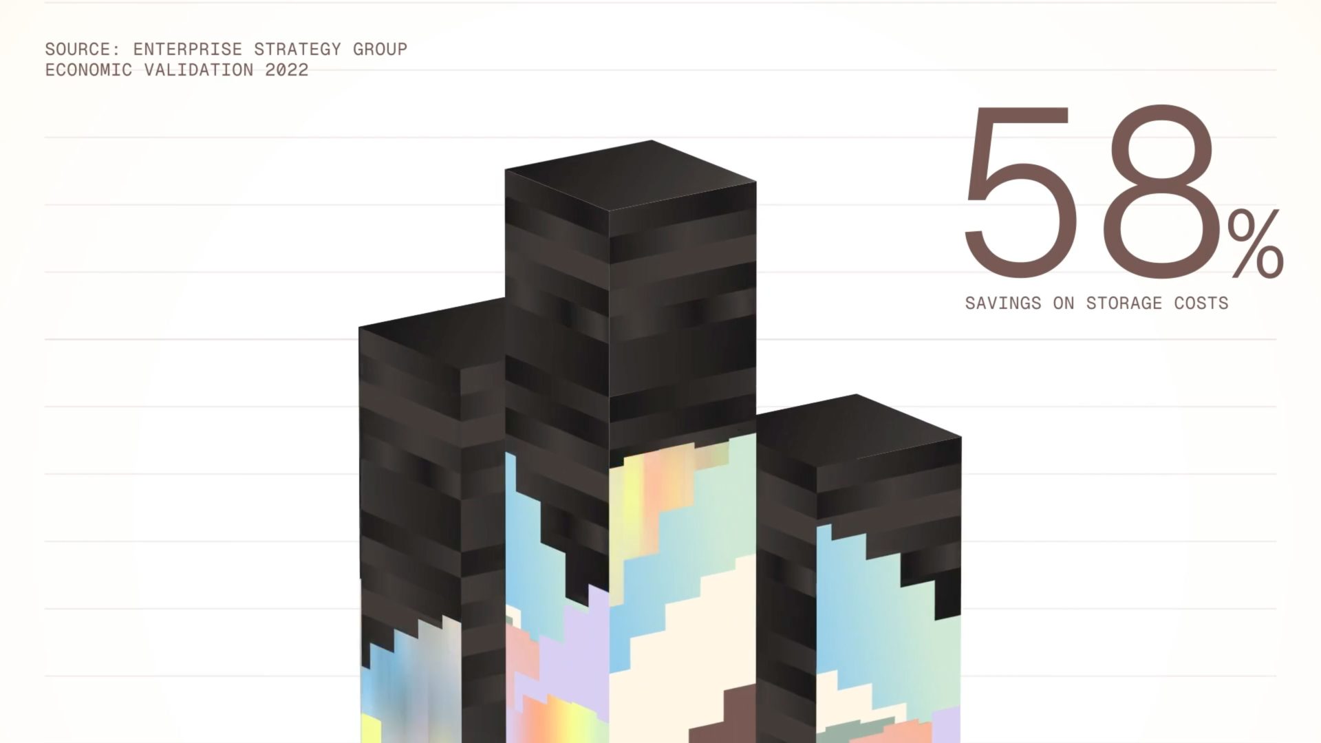 An Everpure graphic showing 58% savings on storage costs, sourced from Enterprise Strategy Group Economic Validation 2022, featuring an illustration of three dark, blocky, vertical structures. Frame from Stash Magazine article.