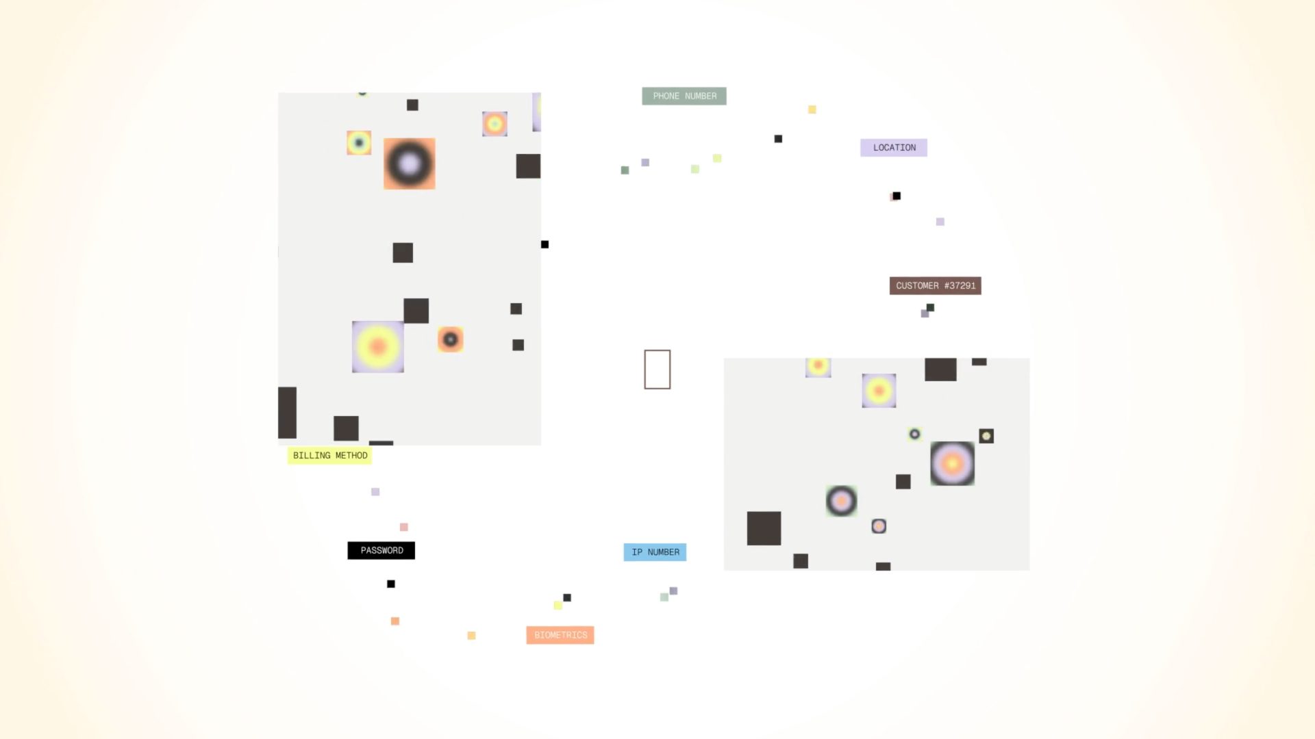 Abstract diagram of two grey rectangular areas containing small colored circles and black squares with labels for billing, password, phone, location, customer, biometrics, and IP number, styled with the purposeful abstraction of a Bloomberg TV graphic. Frame from Stash Magazine article.