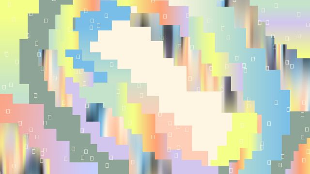 An abstract digital pattern of pixelated, colorful geometric shapes and soft gradients scattered with small white squares, as seen in the Everpure x Bloomberg TV brand films by Illo. Frame from Stash Magazine article.