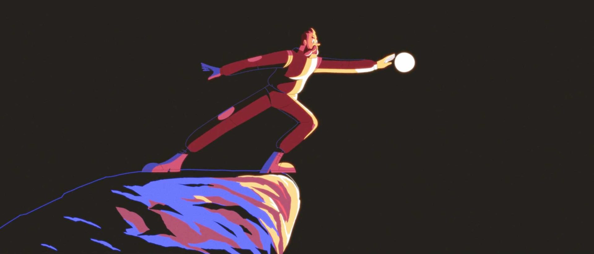A stylized illustration of a person in dynamic motion, standing on the edge of a rocky cliff and reaching forward to touch a glowing orb, evokes themes of memory and connection against a dark background. Frame from Stash Magazine article.