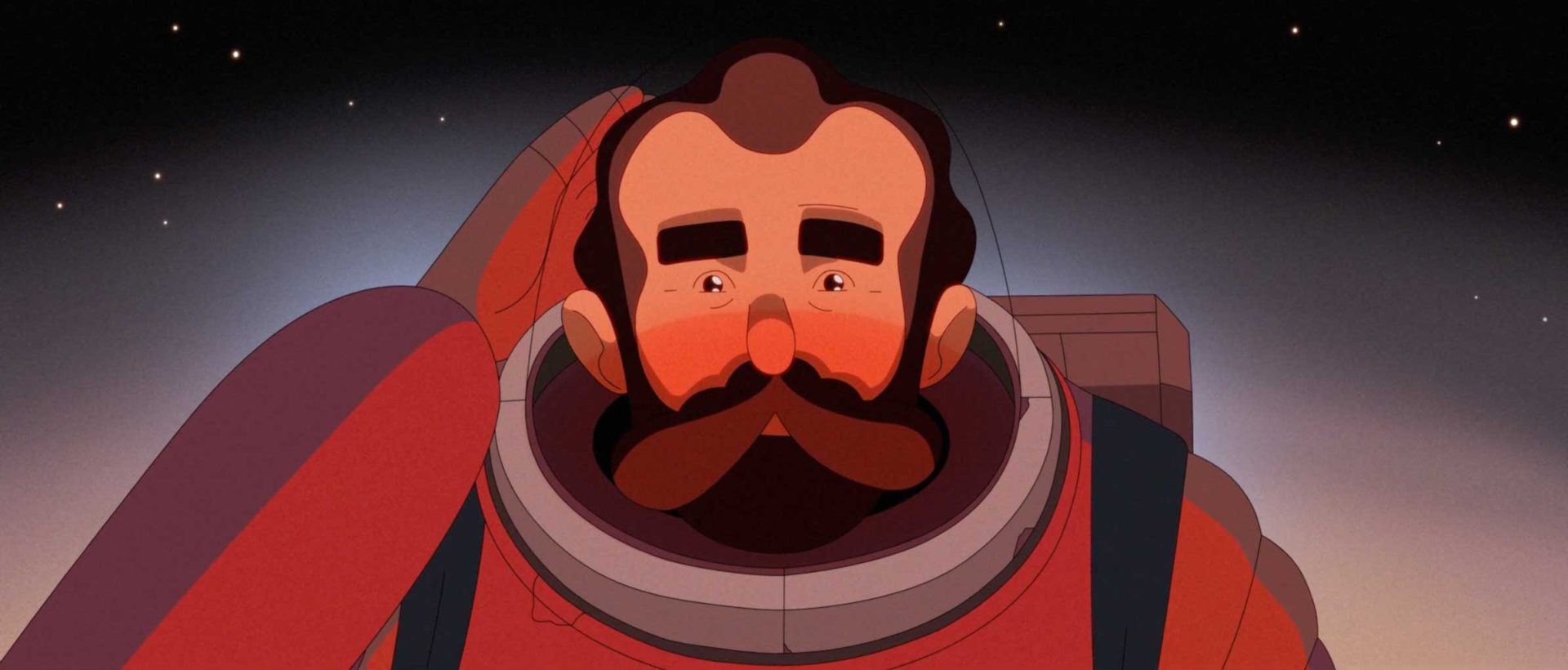 Animated man with a large mustache and thick eyebrows wearing a red spacesuit, looking forward with a serious expression. Set against a starry night sky, he reflects on memory and connection in this evocative short film. Frame from Stash Magazine article.