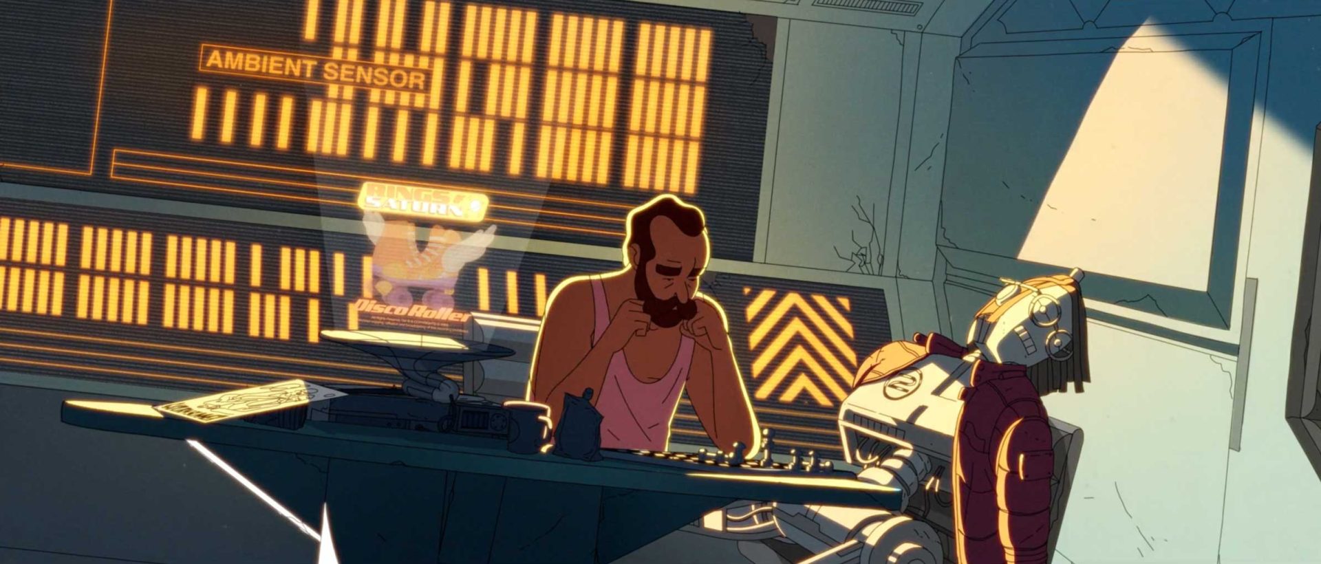An animated man in a pink tank top sits at a cluttered desk beside a slumped robot, in a futuristic room with glowing orange screens—hinting at memory, connection, and looming danger—in this evocative short film scene. Frame from Stash Magazine article.