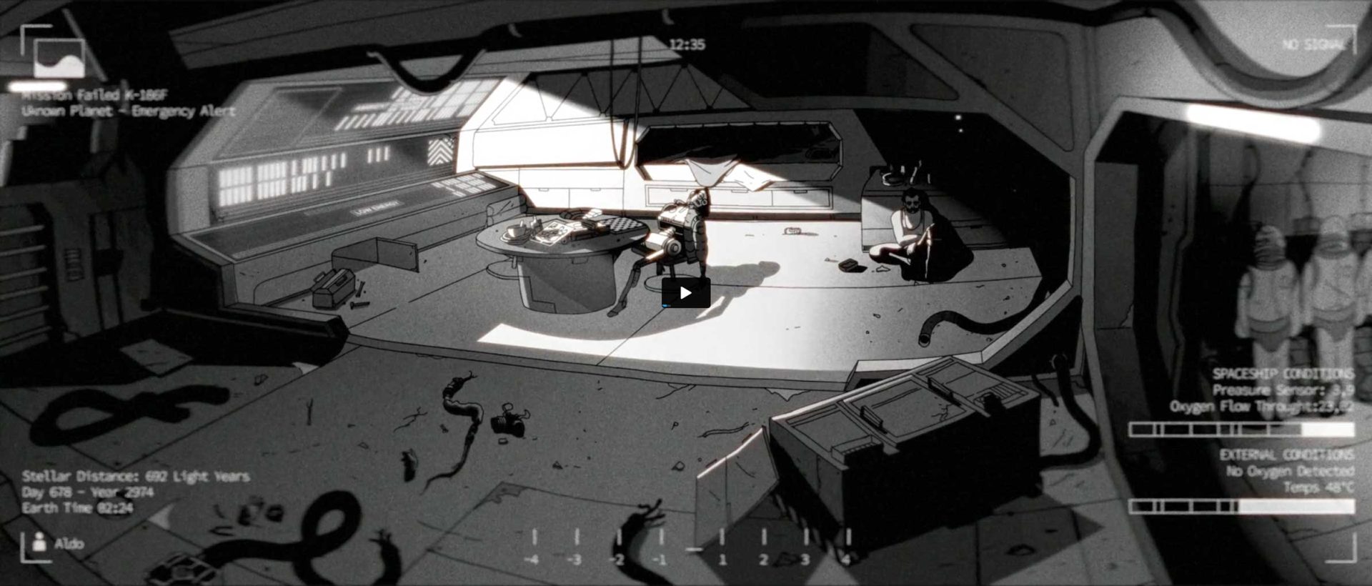 In this Short Film, a dimly lit spaceship control room is shown in grayscale. Amid scattered debris and cables, two people sit together, surrounded by monitors and technical data—capturing a moment of connection. Frame from Stash Magazine article.