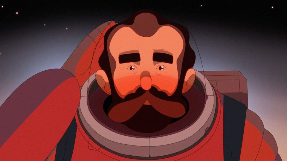 An animated man with a thick mustache and eyebrows, wearing a red spacesuit and helmet, gazes forward thoughtfully in the Device Explore mission. The dark background is dotted with faint stars, echoing Every Light In Between. Frame from Stash Magazine article.