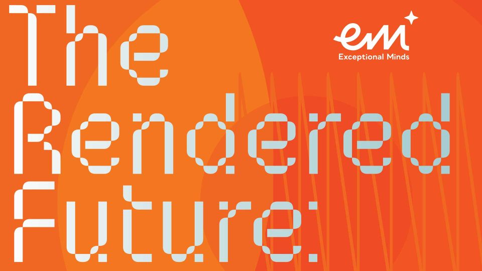 Orange graphic with white dotted text reading The Rendered Future. In the top right corner, the Exceptional Minds Presents The Rendered Future Autism Acceptance Gallery logo appears in white. Frame from Stash Magazine article.