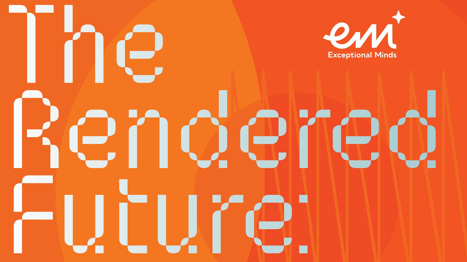 Orange graphic with white dotted text reading The Rendered Future. In the top right corner, the Exceptional Minds Presents The Rendered Future Autism Acceptance Gallery logo appears in white. Frame from Stash Magazine article.