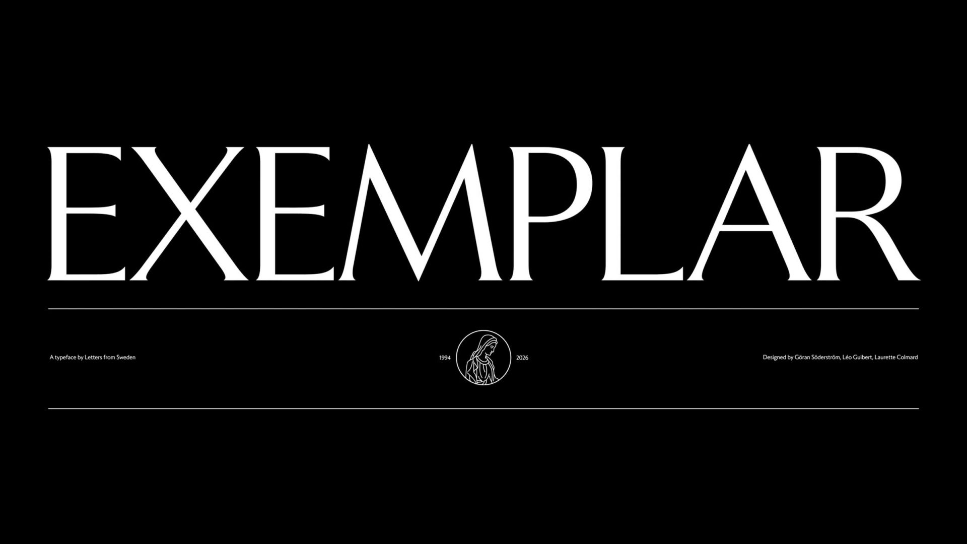 The word EXEMPLAR in large serif type by Letters from Sweden, with credits for designers Göran Söderström, Léo Guibert, and Laurette Colmard, and the years 1994 and 2026 surrounding a circular Here-Now line-art emblem. Frame from Stash Magazine article.
