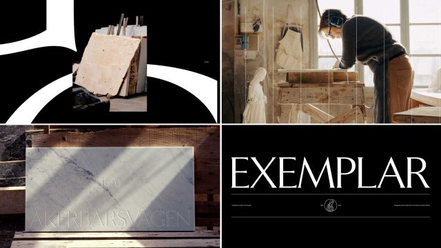 A collage showing a slab of stone, a sculptor at work, a carved plaque reading Torö ÅKERBÄRSVÄGEN, and the word EXEMPLAR in the serif typeface from the Letters from Sweden launch film. Frame from Stash Magazine article.