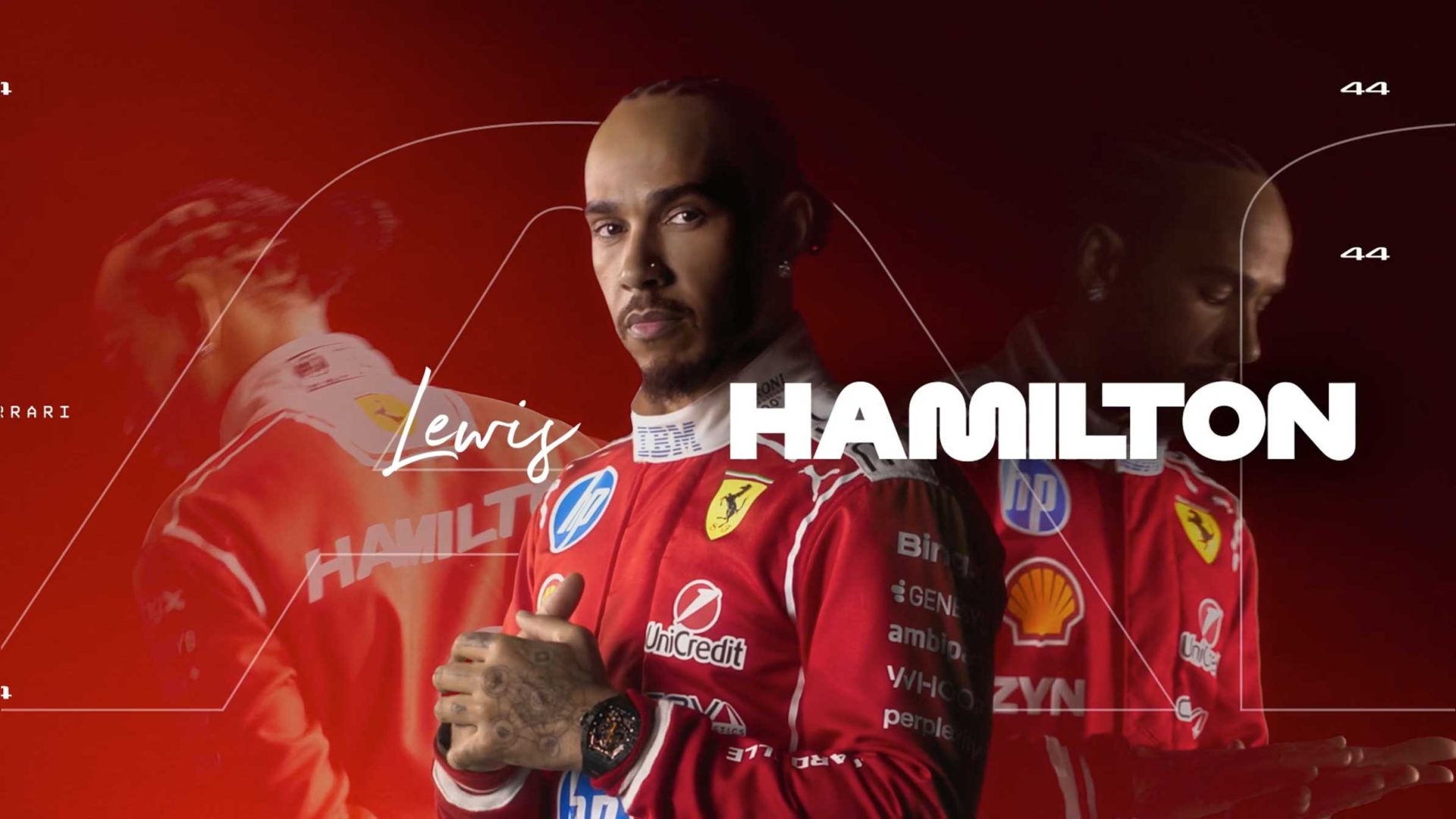 Lewis Hamilton, in a red Ferrari racing suit, stands confidently before overlapping images of himself, with his name boldly displayed—symbolizing his pursuit of more F1 2026 titles. Frame from Stash Magazine article.