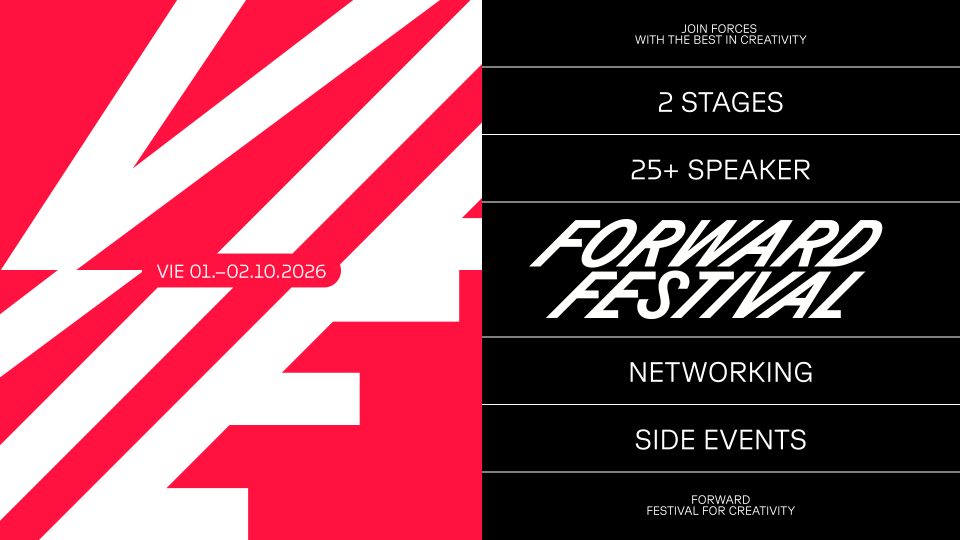 Split image: Left side shows a striking red and white abstract design with text VIE 01.–02.10.2026, highlighting Forward Festival 2026 Vienna. Right side lists: 2 Stages, 25+ Speaker, Forward Festival, Networking, Side Events. Frame from Stash Magazine article.
