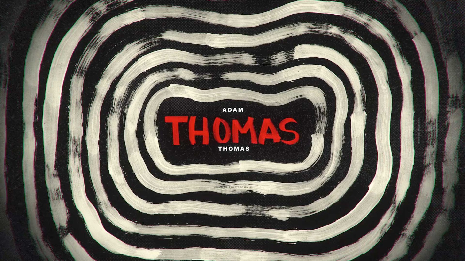 Black background with white, wavy concentric oval lines. In the center, Adam Thomas appears with THOMAS in large, bold red letters and the rest in smaller white letters—created for FITC Toronto 2026 by Escafandra. Frame from Stash Magazine article.
