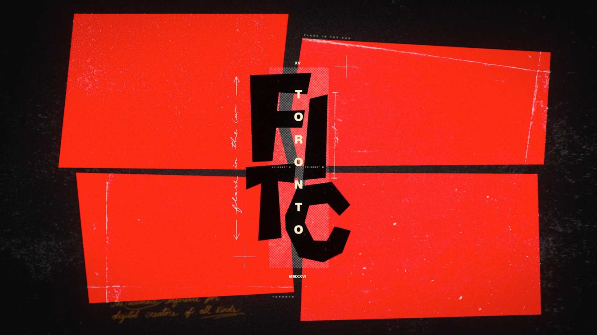 Four red rectangles on a black background are arranged in a fragmented pattern. Bold, black, and white text in the center spells TORONTO vertically, with large overlapping R and C for FITC Toronto 2026. Escafandra-inspired design elements stand out. Frame from Stash Magazine article.