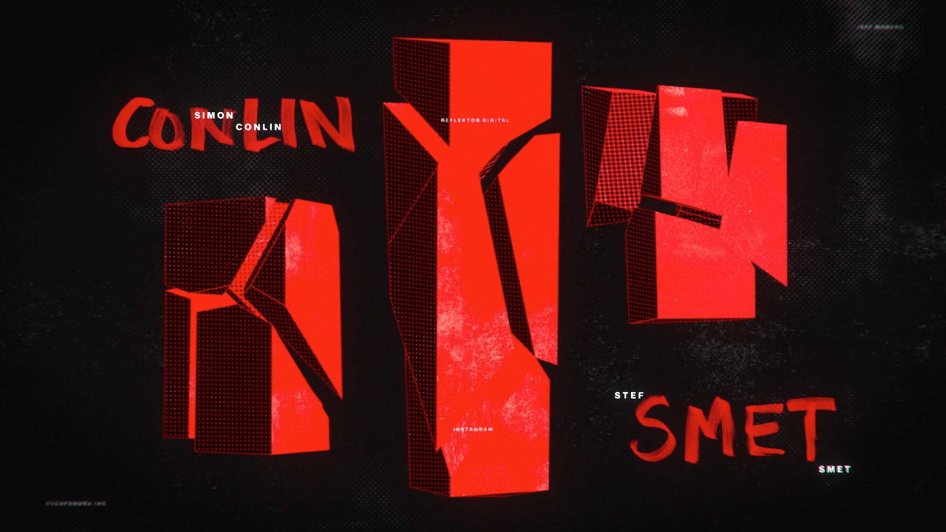 Abstract red 3D block shapes with cracks on a black background. The names SIMON CONLIN and STEF SMET, alongside FITC Toronto 2026, appear in white and pale blue text, partially overlapping the Escafandra-inspired block shapes. Frame from Stash Magazine article.