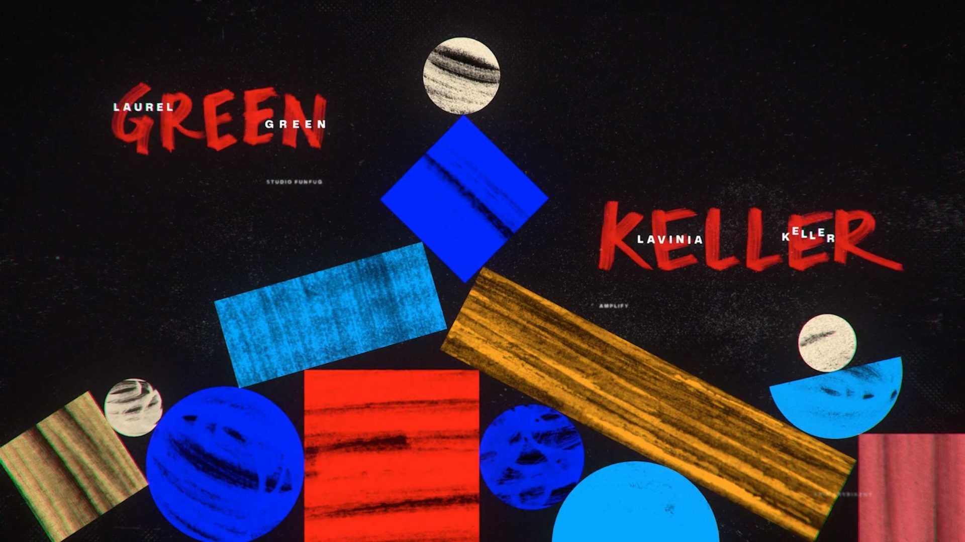 Abstract graphic with colorful geometric shapes—blue circles, red and blue rectangles, and a brown plank—on a black background. Inspired by FITC Toronto 2026 titles by Escafandra. Text reads Laurel Green and Lavinia Keller in bold white and red fonts. Frame from Stash Magazine article.