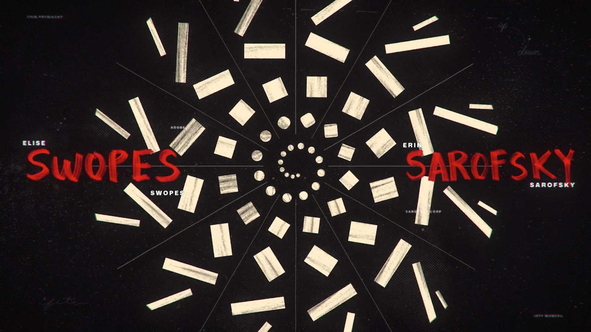 Abstract black background with white rectangular shapes and dots in a spiral pattern. Red text reads SWOPES on the left and SAROFSKY on the right, with smaller white names nearby. Design celebrates FITC Toronto 2026 and Escafandra’s creative vision. Frame from Stash Magazine article.