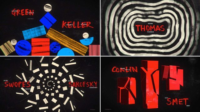 Four abstract title card designs for FITC Toronto 2026 titles by Escafandra feature bold names: colorful geometric shapes, concentric ovals, radiating white bars, and red city-like blocks, all set against black backgrounds. Frame from Stash Magazine article.