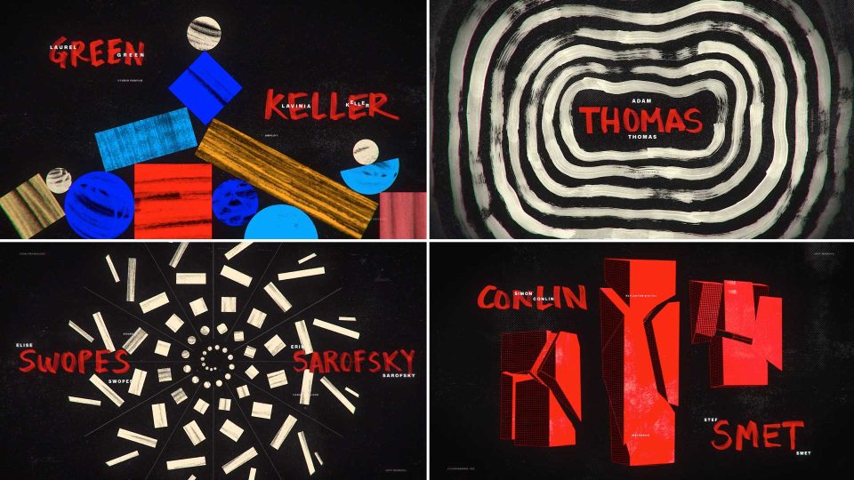 Four abstract title card designs for FITC Toronto 2026 titles by Escafandra feature bold names: colorful geometric shapes, concentric ovals, radiating white bars, and red city-like blocks, all set against black backgrounds. Frame from Stash Magazine article.
