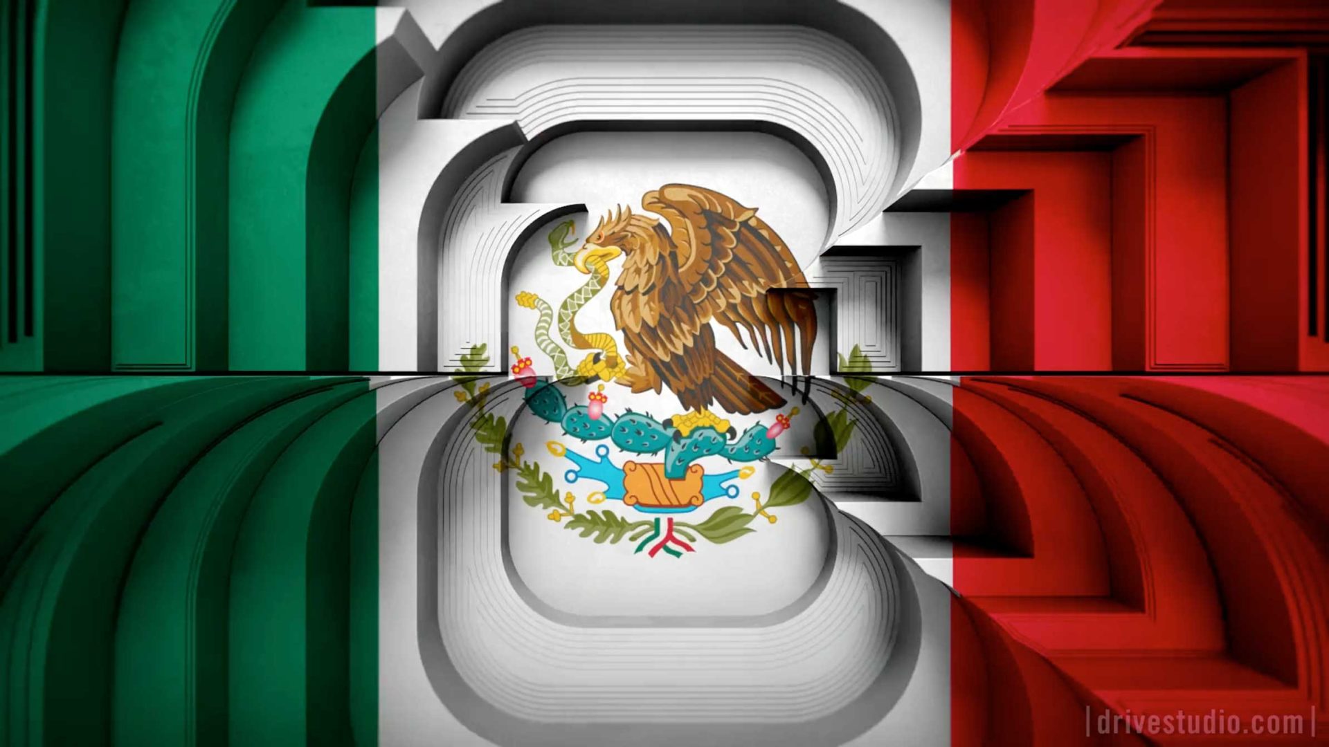 Abstract 3D rendering of the Mexican flag with green, white, and red vertical stripes and the national coat of arms in the center. Geometric shapes frame the flag in a style inspired by FOX Sports Drive Studio Packages for the FIFA Men's World Cup. Frame from Stash Magazine article.