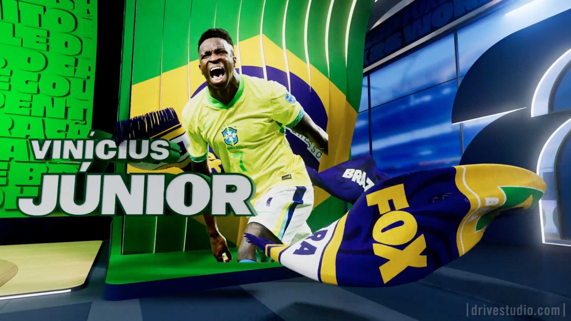 A graphic of Brazilian soccer player Vinicius Júnior in a yellow jersey, celebrating with his fist raised. His name appears in bold text, with a waving FOX Sports flag and a Brazilian flag in the background, capturing FIFA Men's World Cup excitement. Frame from Stash Magazine article.