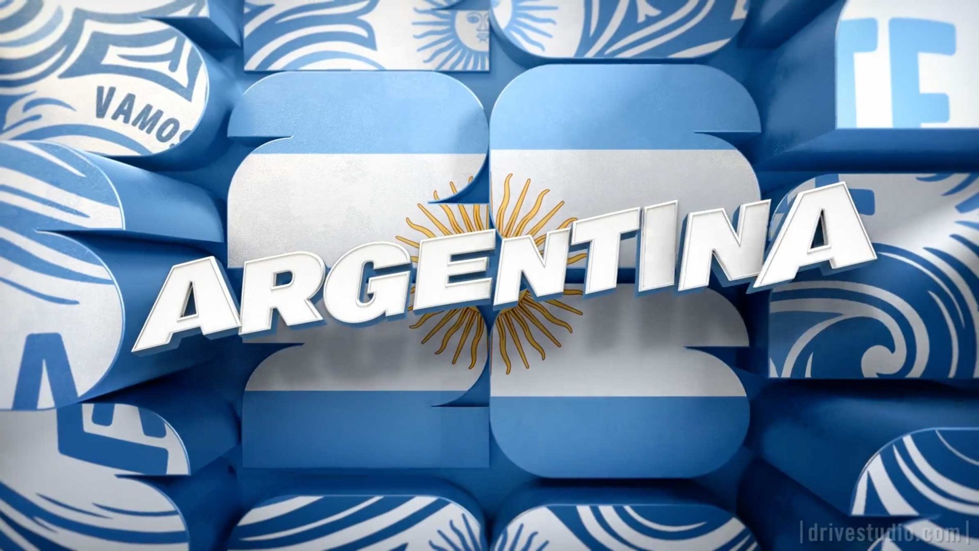 The word ARGENTINA in bold white letters overlays a background featuring the Argentine flag and stylized blue and white designs, including a sun and the phrase VAMOS, as seen in FOX Sports’ FIFA Men's World Cup studio packages. Frame from Stash Magazine article.