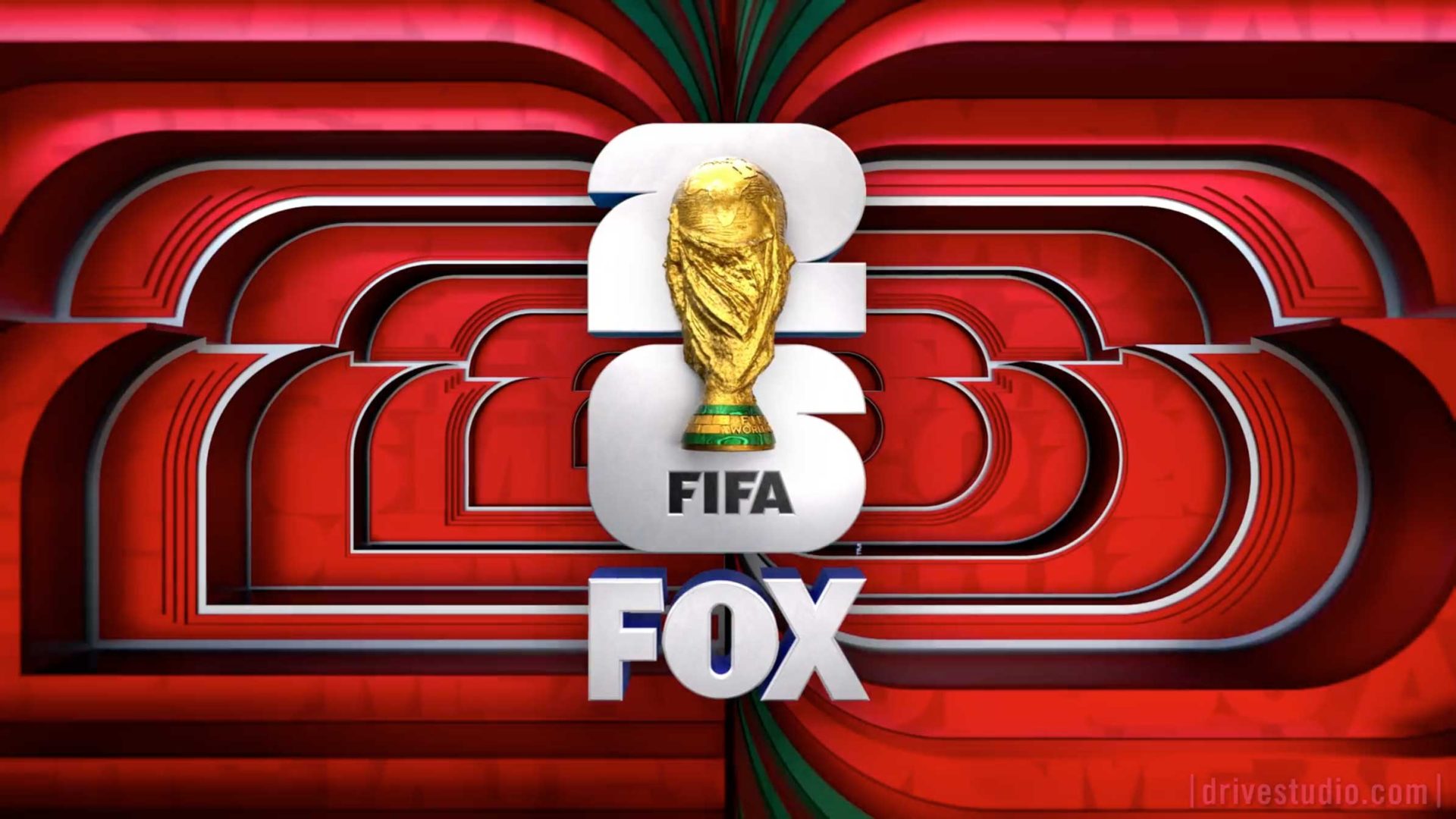 The FIFA World Cup trophy is centered over a stylized 23 and the word FIFA in bold letters, with FOX Sports below, set against a vibrant red geometric background—part of the dynamic Studio Packages for the FIFA Men's World Cup. Frame from Stash Magazine article.