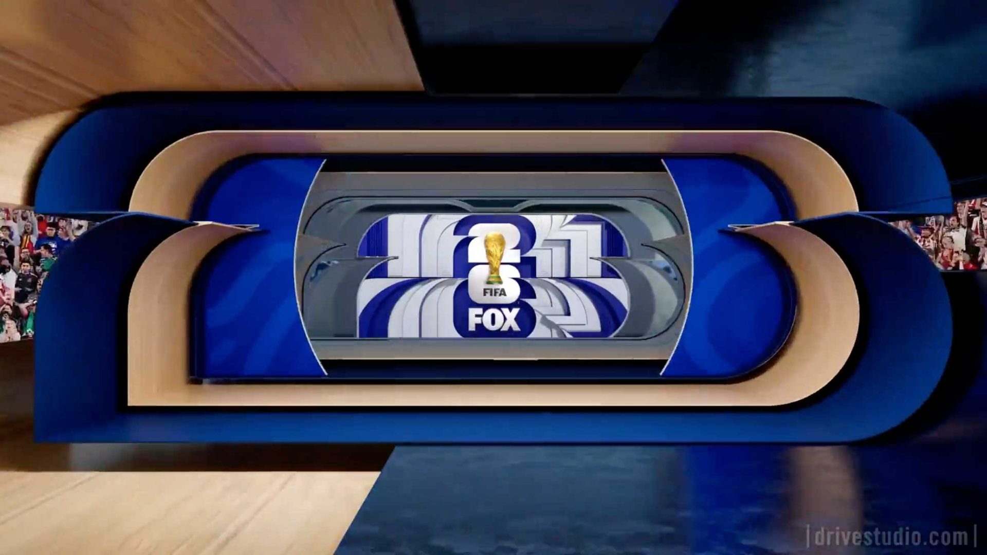 A stylized TV broadcast graphic features the FIFA Men's World Cup trophy logo and the FOX Sports logo at the center, surrounded by blue and gold geometric shapes and partial crowd images, capturing the energy of Drive Studio Packages. Frame from Stash Magazine article.