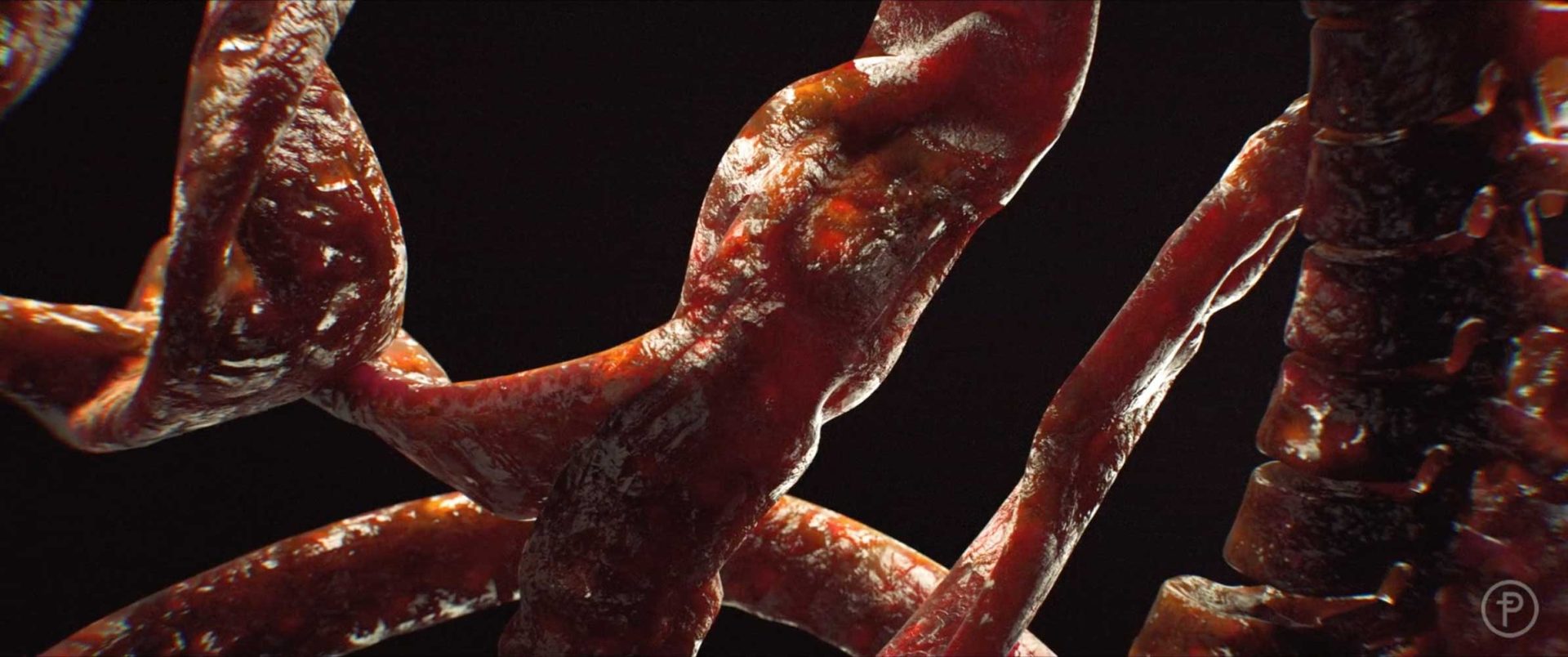 Close-up view of twisted, glossy, reddish organic structures resembling strands or fibers—evoking The Beauty of a Prologue by Kyle Cooper—set against a dark background. The surface appears wet and textured. Frame from Stash Magazine article.