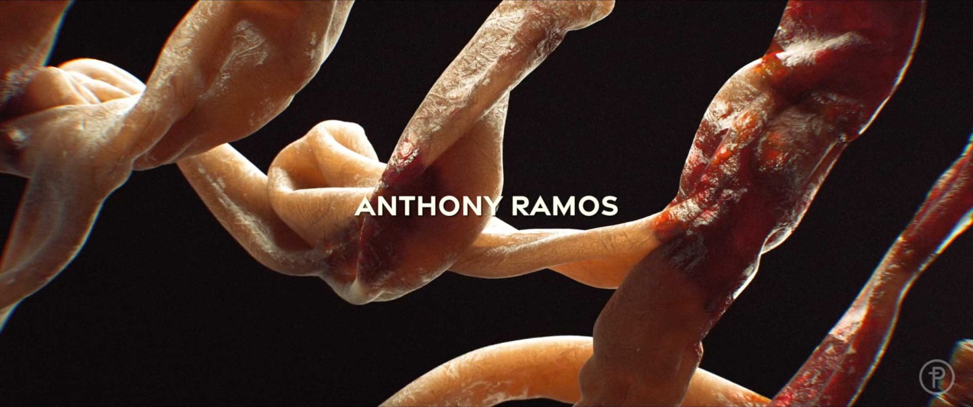 Close-up of twisted, intertwined strands resembling meat or bacon, with Kyle Cooper’s name and ANTHONY RAMOS in white text centered over the image, evoking the beauty of a prologue on a striking black background. Frame from Stash Magazine article.