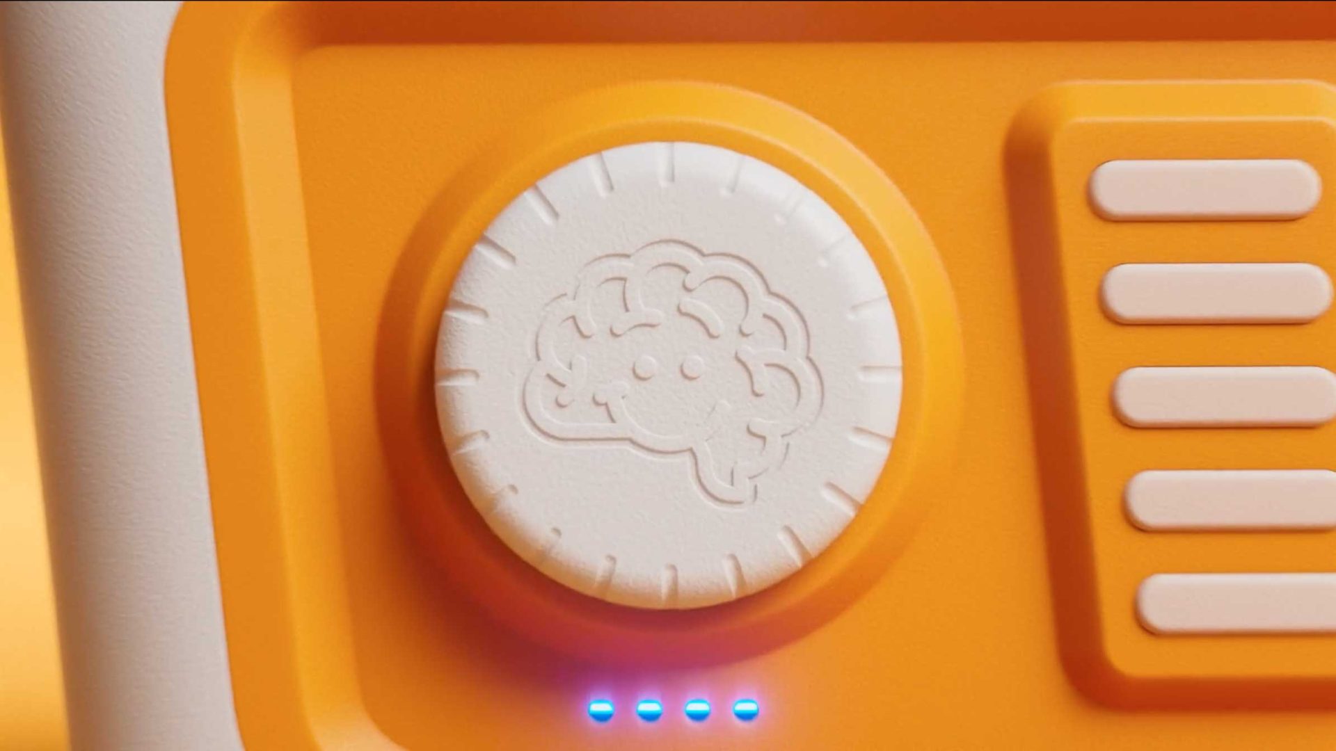 A close-up of a white dial with a brain icon and notches on an orange device from Fat Brain Toys. Three small blue LED lights are illuminated below the dial, capturing the innovative design seen in products like Air Toobz. Frame from Stash Magazine article.