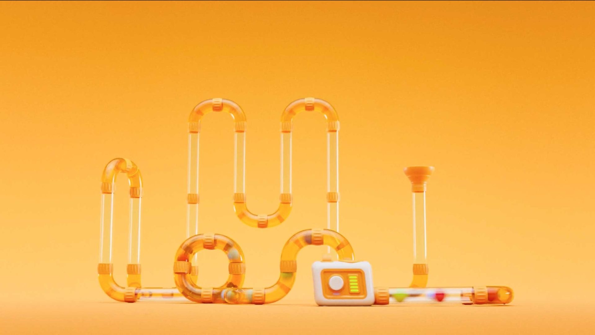 A toy hamster tunnel set with transparent orange tubes, a white and orange entrance, a round wheel, and a funnel—all inspired by the playful innovation of Fat Brain Toys’ Air Toobz—set against a bright orange background. Frame from Stash Magazine article.
