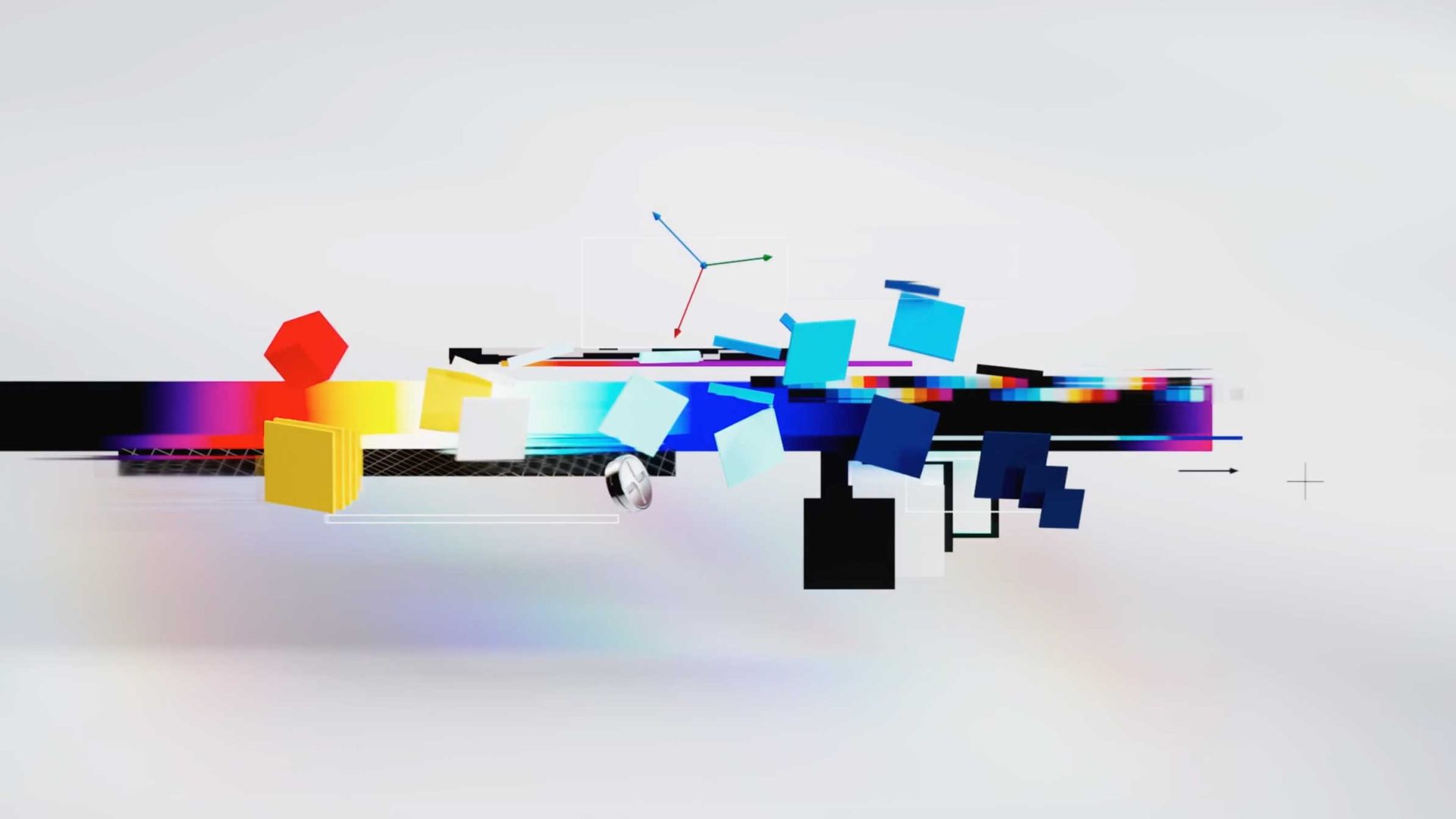 A horizontal Felipe Pantone-inspired composition featuring a glitch-effect color bar, floating geometric cubes, and a 3D coordinate axis icon against a white background, reminiscent of a brand film. Frame from Stash Magazine article.