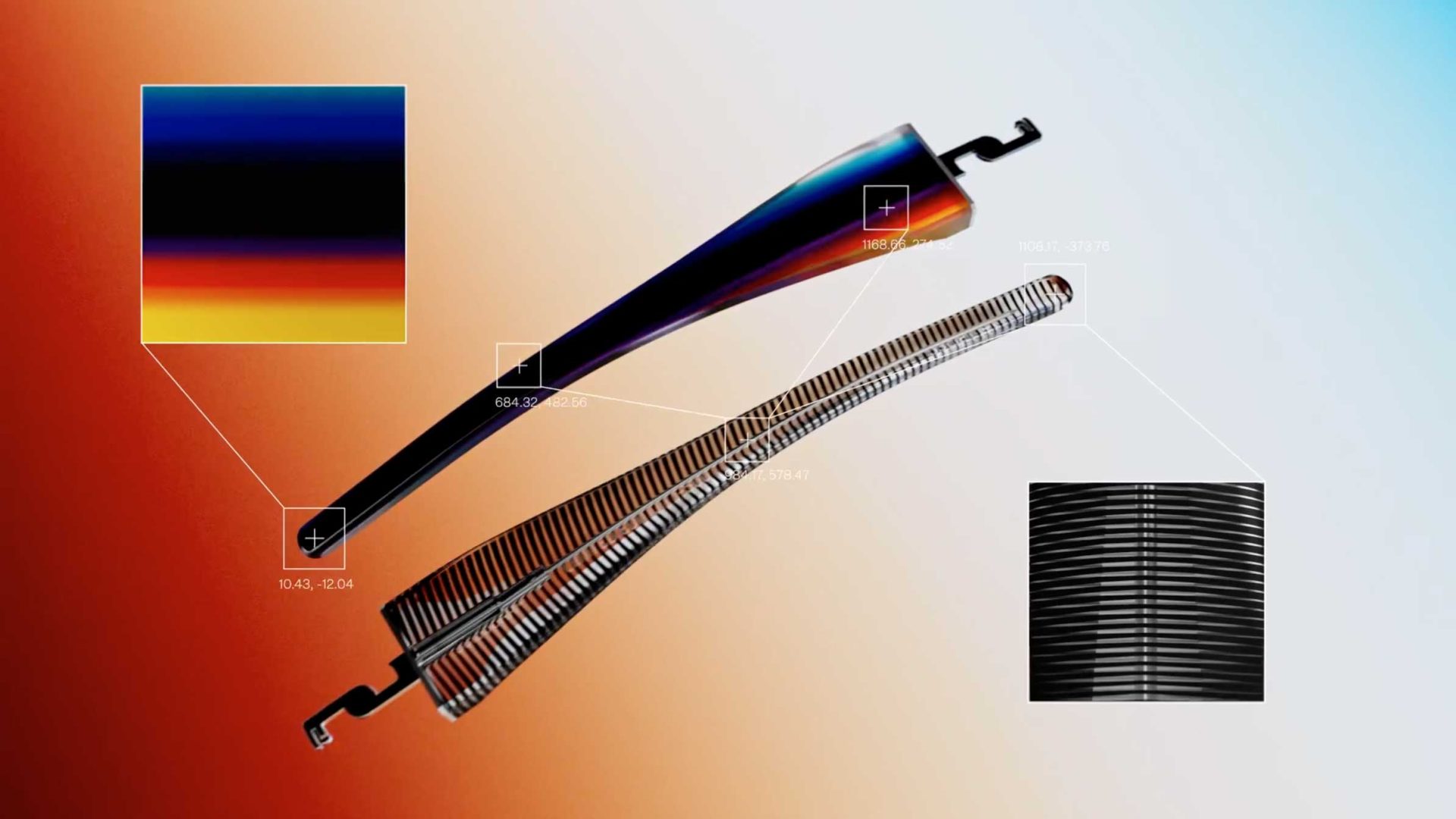 Two mechanical components displayed against a gradient background, reminiscent of a Felipe Pantone brand film, with callout boxes showing magnified views and technical coordinate data. Frame from Stash Magazine article.