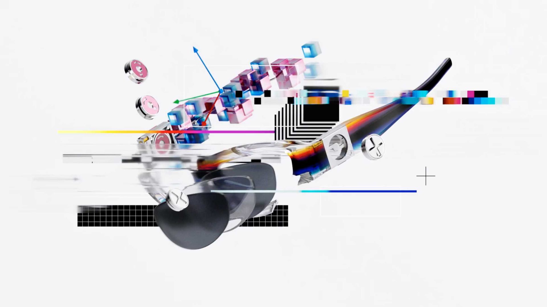 Felipe Pantone-inspired smart glasses disintegrate into a digital scatter of colorful cubes and geometric shapes. Frame from Stash Magazine article.