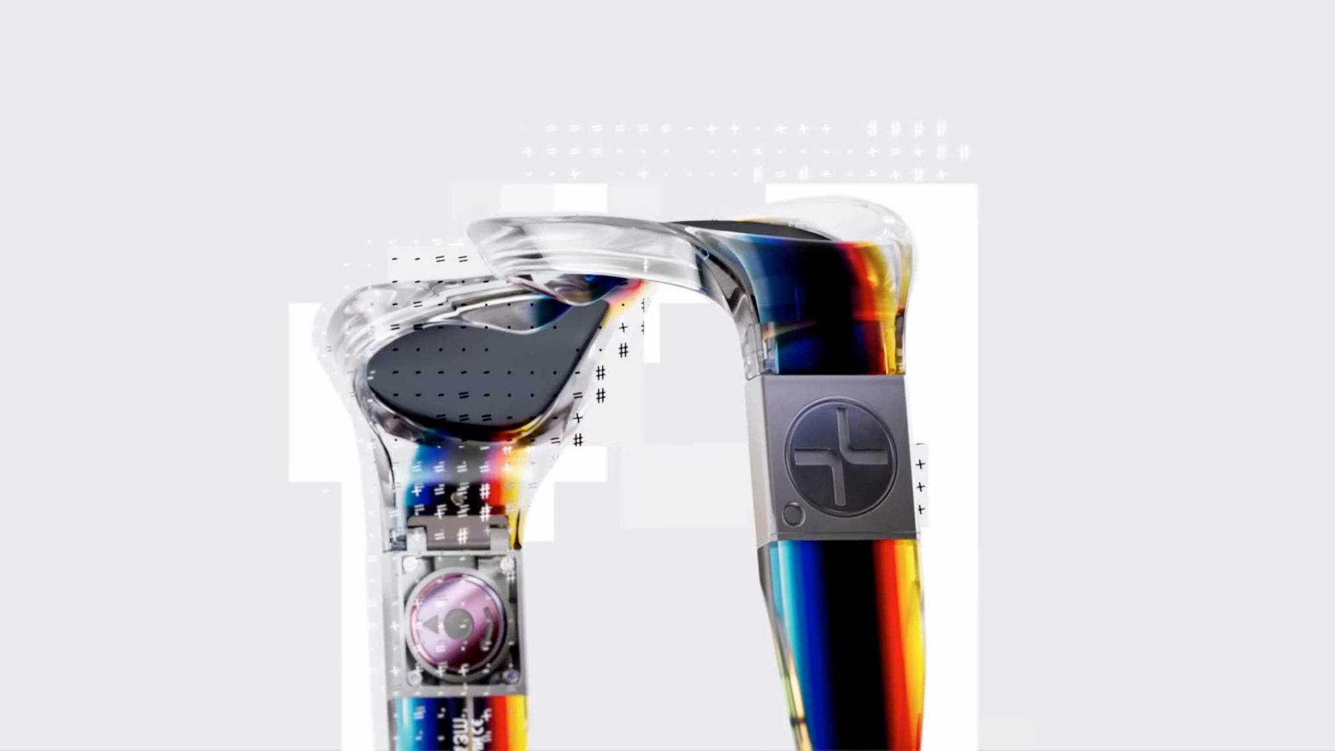 Two transparent Etnia Barcelona sunglasses frames with rainbow-colored lenses and a circular Felipe Pantone logo on the temple. Frame from Stash Magazine article.