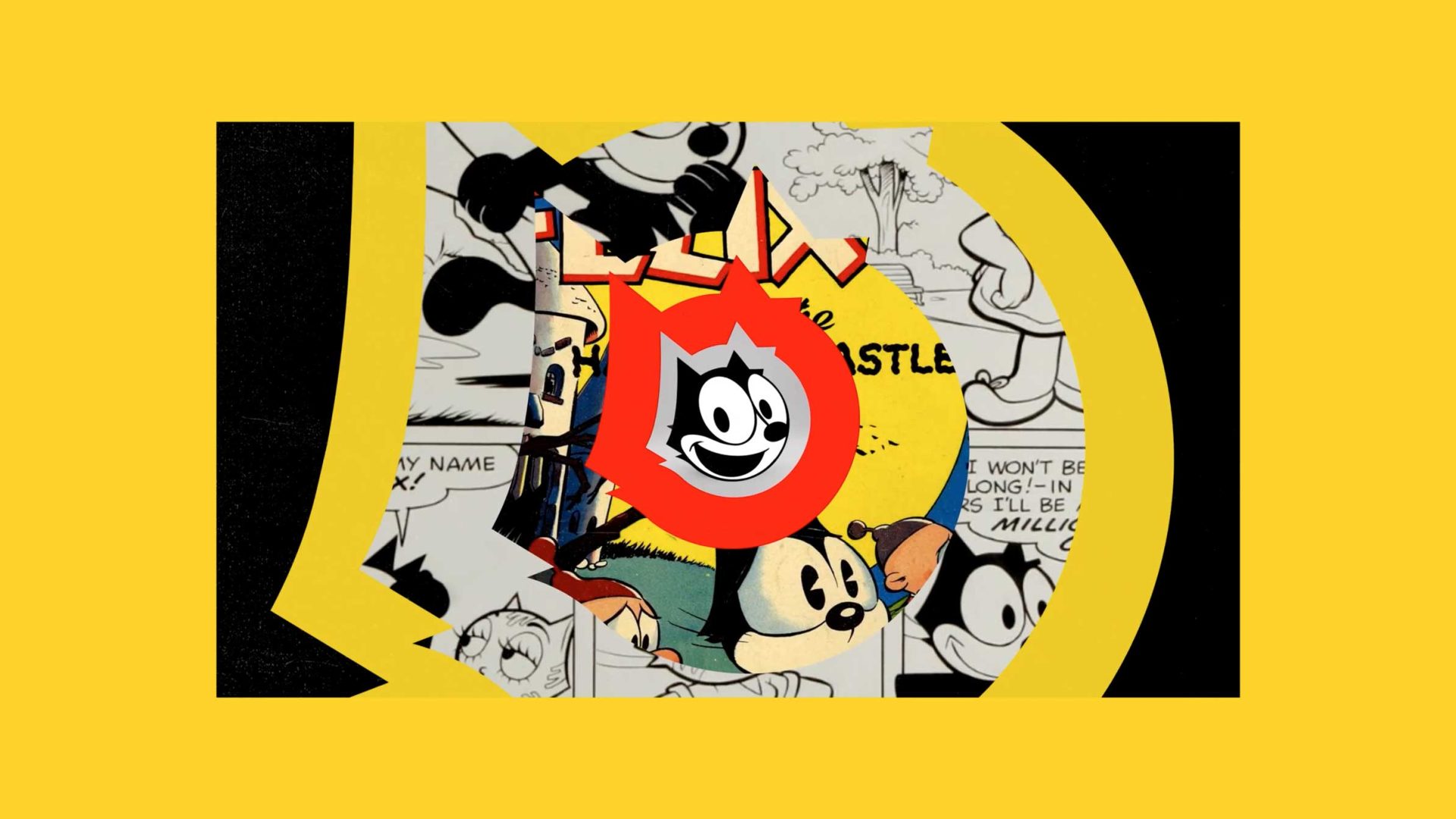 A collage featuring vintage cartoon characters and comic strips, inspired by the Felix the Cat Sizzle Reel by Soda Creative & Nacho Julian, with Felix’s face in a red burst at the center against a bold yellow and black background. Frame from Stash Magazine article.