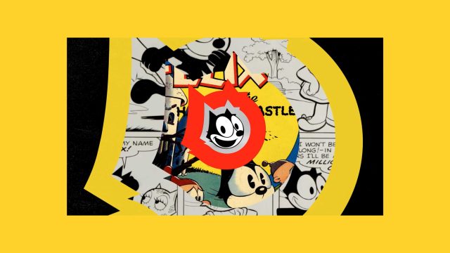 A collage featuring vintage cartoon characters and comic strips, inspired by the Felix the Cat Sizzle Reel by Soda Creative & Nacho Julian, with Felix’s face in a red burst at the center against a bold yellow and black background. Frame from Stash Magazine article.