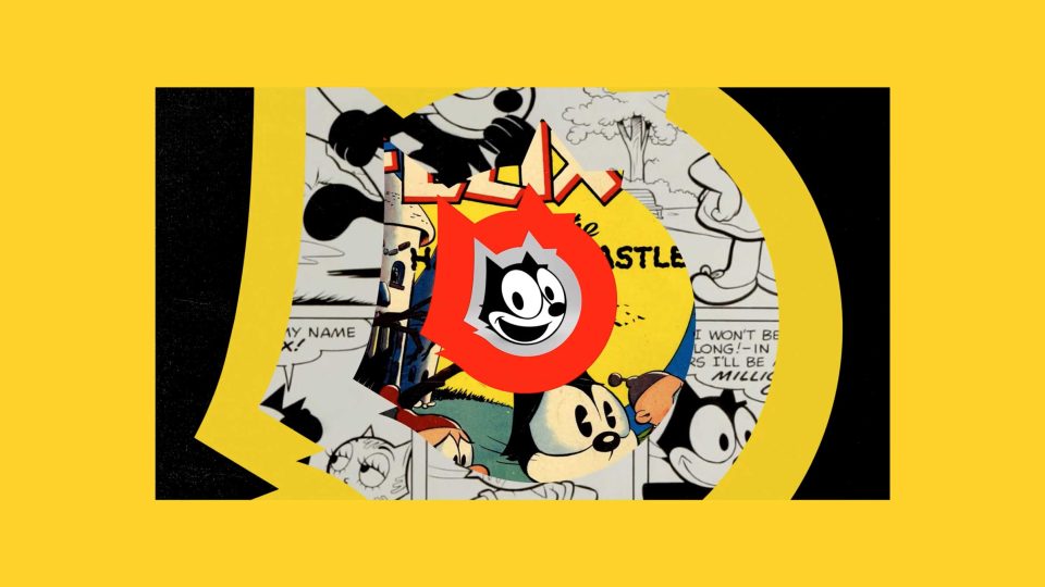 A collage featuring vintage cartoon characters and comic strips, inspired by the Felix the Cat Sizzle Reel by Soda Creative & Nacho Julian, with Felix’s face in a red burst at the center against a bold yellow and black background. Frame from Stash Magazine article.
