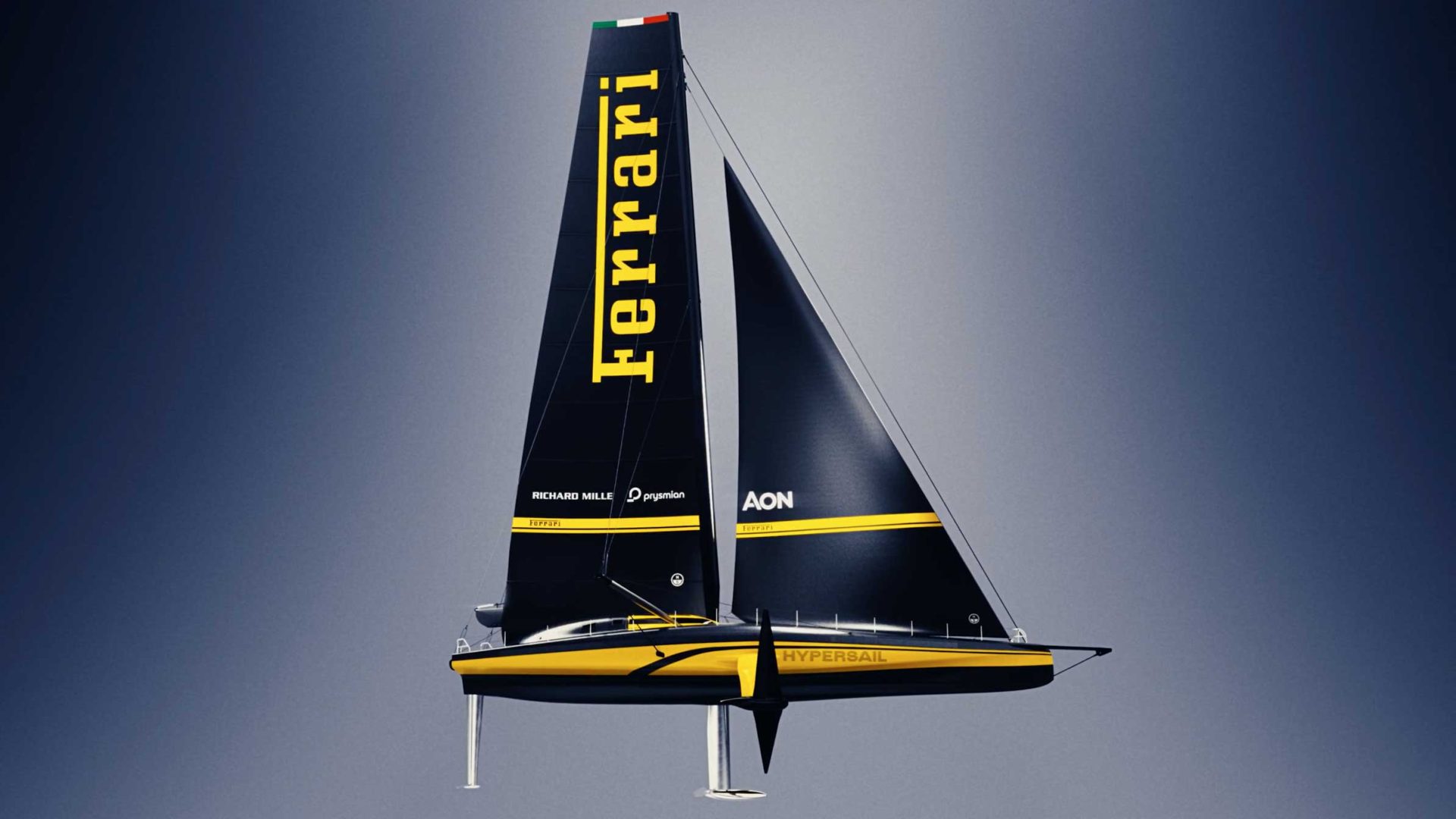 A sleek black sailboat with yellow accents, featuring the word Ferrari in bold yellow letters on the sail, set against a gradient blue background. The Ferrari Hypersail showcases hydrofoils and modern design details inspired by Milan Design Week. Frame from Stash Magazine article.