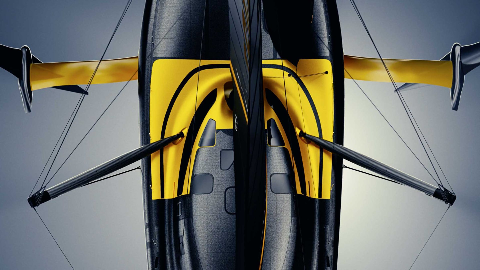 A top-down view of a sleek, modern yellow and black Hypersail boat with streamlined design, prominent outriggers, and aerodynamic features set against a neutral background—perfect for Milan Design Week. Frame from Stash Magazine article.