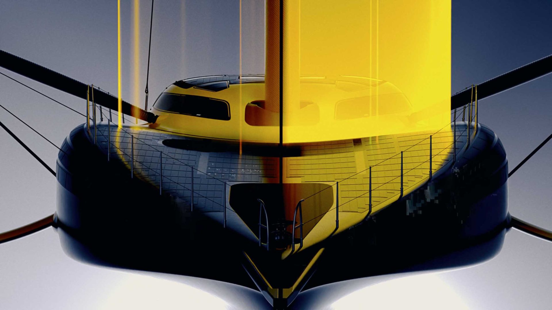 A sleek, modern yacht with a black hull and bold yellow accents—Hypersail’s latest design—viewed from the front. Dramatic lighting highlights its glossy surface and futuristic style, reminiscent of innovations shown at Milan Design Week. Frame from Stash Magazine article.