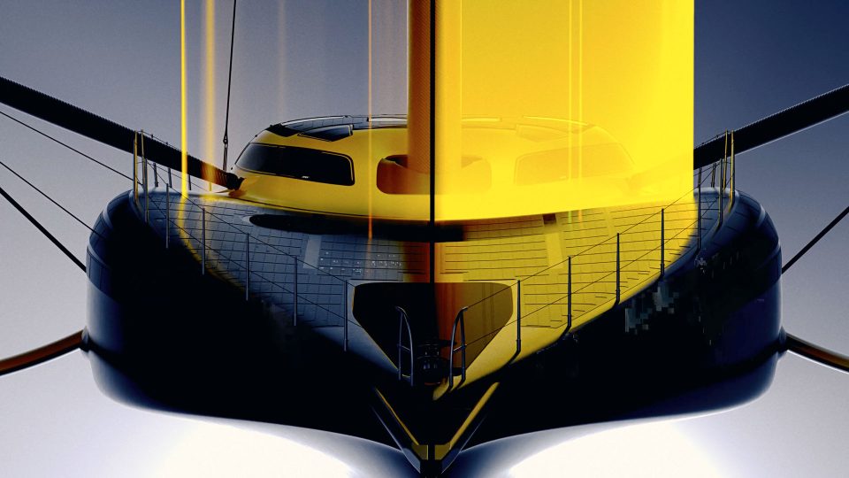 A sleek, modern yacht inspired by Ferrari Hypersail is viewed from the front, featuring smooth black surfaces and bright yellow vertical accents reflecting dramatically across its structure. The background is softly gradient from gray to white. Frame from Stash Magazine article.