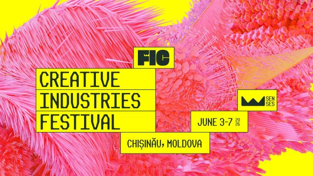 Bright pink and orange abstract background with yellow boxes containing black text: Festival of Creative Industries Moldova, June 3-7 2024, Chișinău, and a stylized Senses logo. Frame from Stash Magazine article.