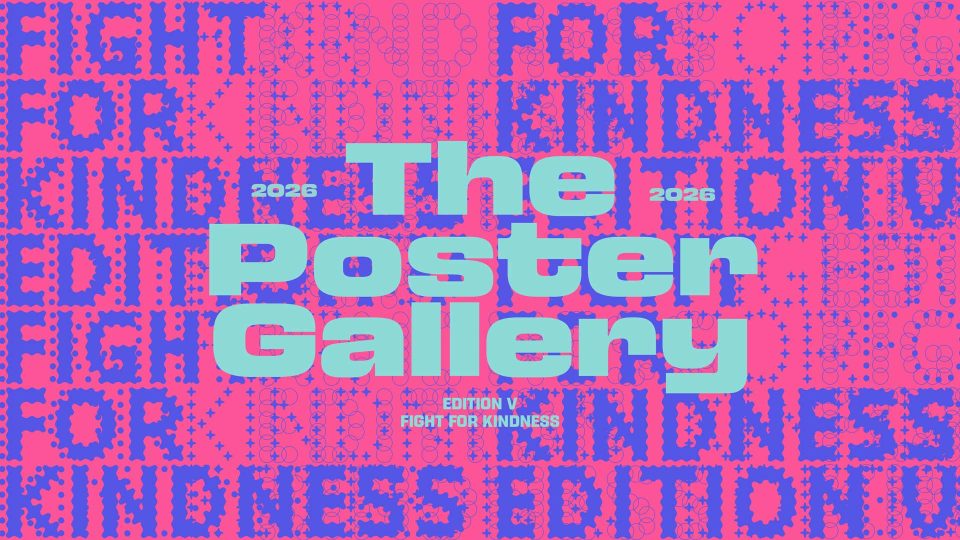 A bright pink and blue poster reads Fight for Kindness Poster Gallery 2026 by Zetafonts Edition VI Fight For Kindness, with repeated background text Fight For Kindness in bold, pixelated letters. Frame from Stash Magazine article.