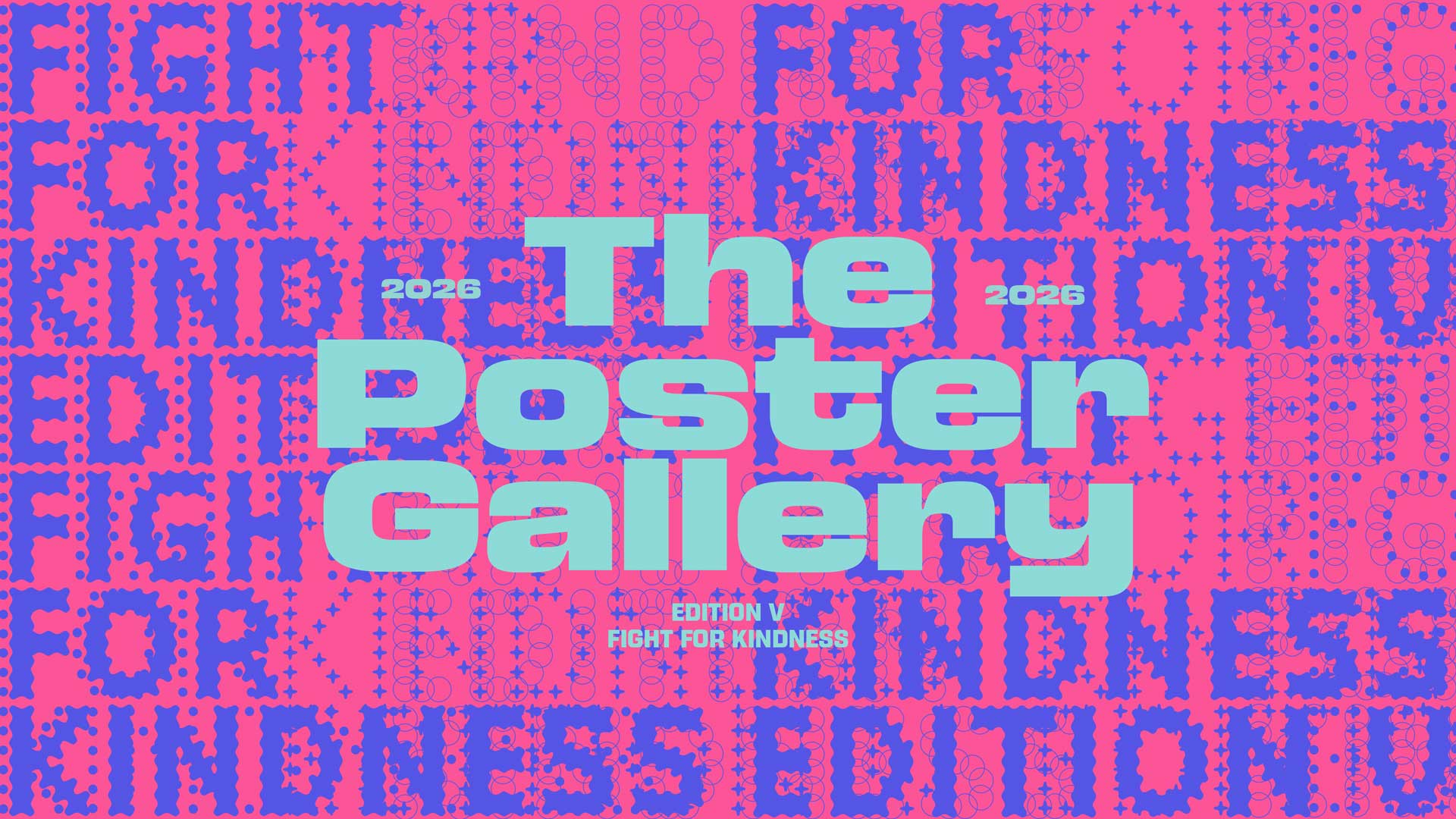 A bright pink and blue poster reads Fight for Kindness Poster Gallery 2026 by Zetafonts Edition VI Fight For Kindness, with repeated background text Fight For Kindness in bold, pixelated letters. Frame from Stash Magazine article.