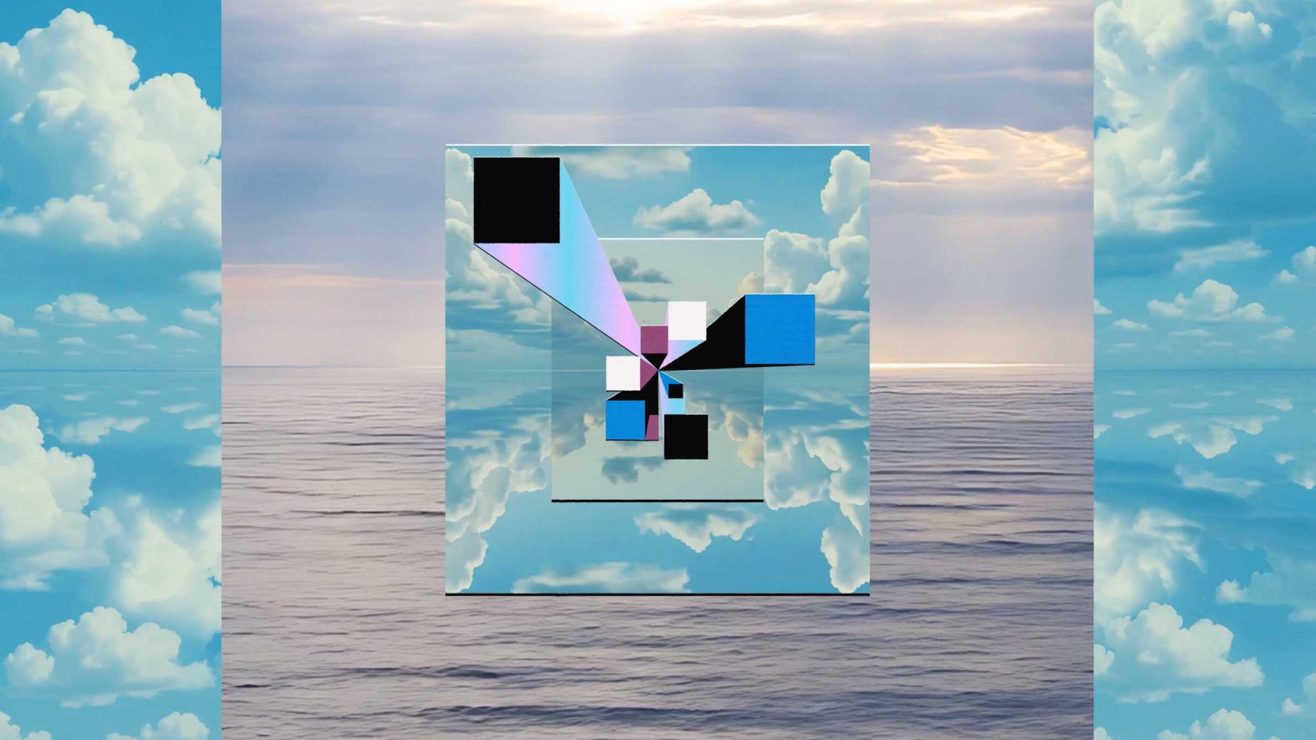 Abstract geometric shapes in black, blue, and pastel colors overlay a cloudy sky and calm ocean scene, creating a surreal, symmetrical composition with mirrored cloud borders—a dreamy visual reminiscent of an Oddfellows animation or a Design is Dead-inspired Figma creation. Frame from Stash Magazine article.